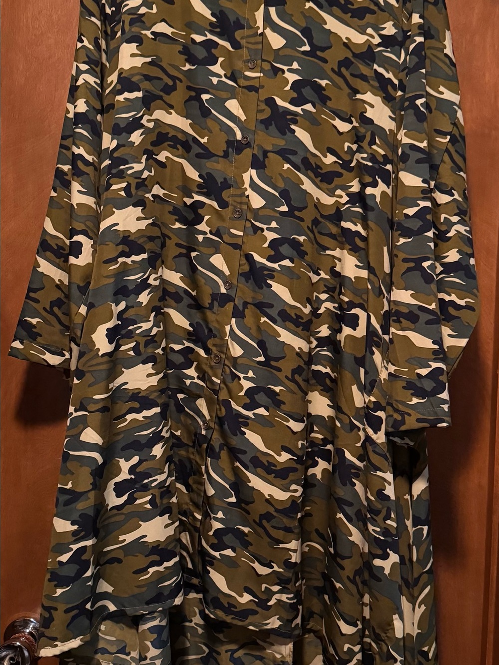 Camouflage High-Low Button-Up Dress with Pockets in Olive, Khaki, Black and Tan